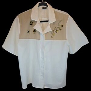 BonWorth Vtg Women Sz XL Blouse White Embroidered Nautical Seashell Button Shirt